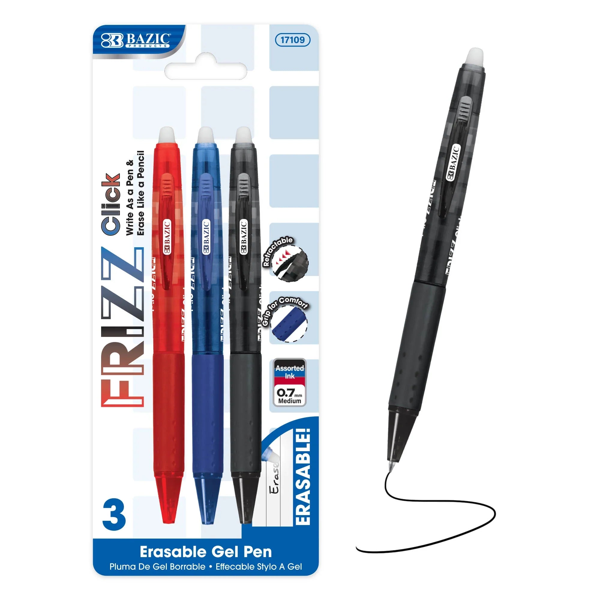 BAZIC Frizz Assorted Color Erasable Gel Retractable Pen with Grip (3/Pack)